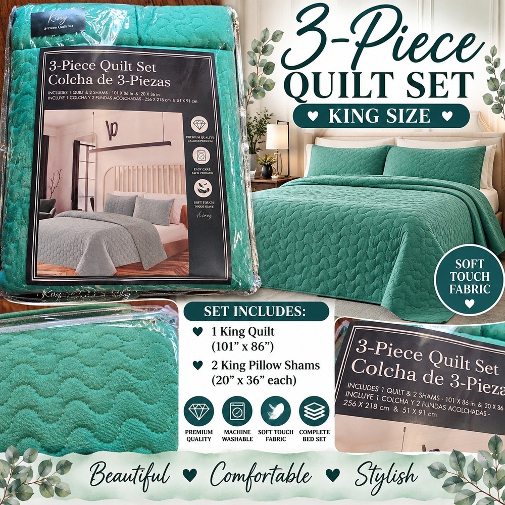 NEW King Size 3-Piece Teal Quilt Set – Quilt + 2 Shams – Soft Touch